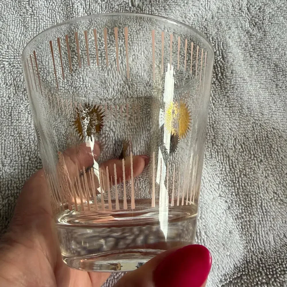Fred Press Atomic Sunburst 1950s MCM Whiskey Cocktail Glasses Pink